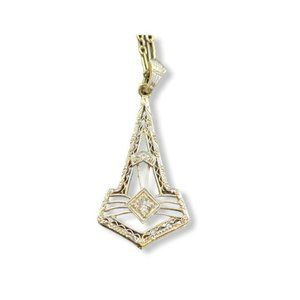 Estate Pendant Art Deco White Gold W/Diamond Filigree Design 14k Chain Hallmark